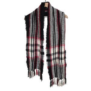 Style & Co Red Black Plaid Knit Scarf Fringed Winter Cozy OS